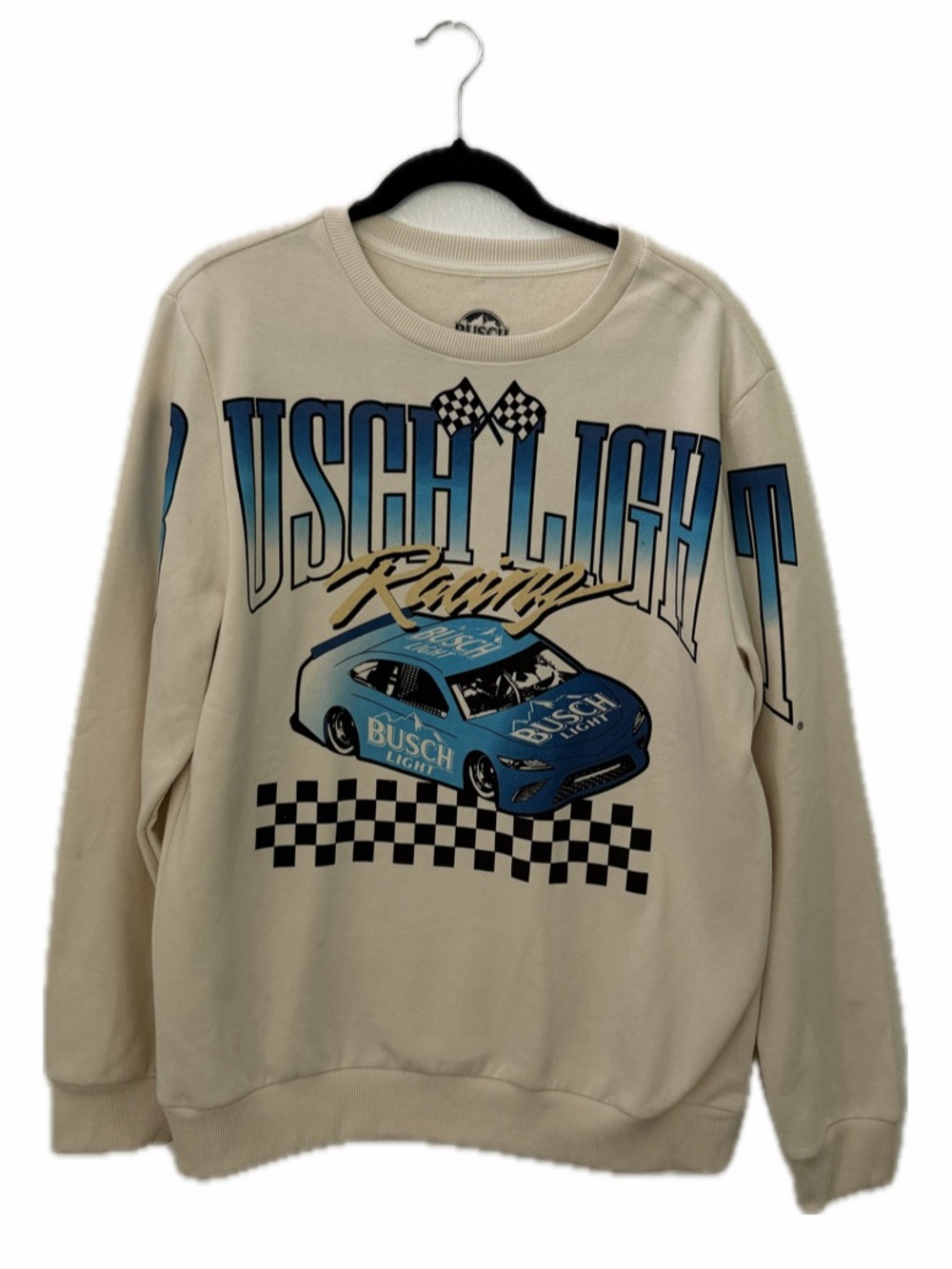 BUSCH LIGHT RACING UNISEX M HYBRID APPAREL GRAPHIC CHECKERED CREWNECK PULLOVER